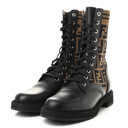 Fendi Calfskin Stretch Fabric FF Rockoko Biker Boots 39.5 Black Tobacco 3 of 10