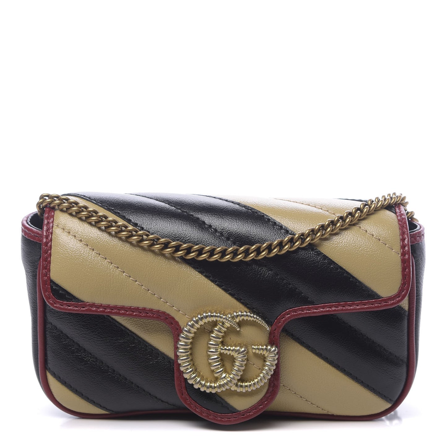 Vintage Effect Calfskin Matelasse Diagonal Striped Super Mini Torchon GG Marmont Shoulder Bag Black Beige