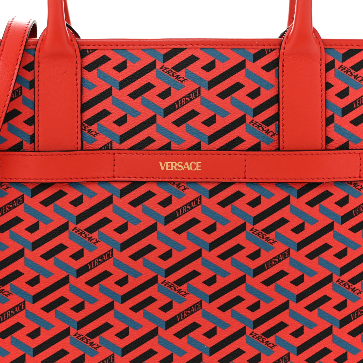 Coated Canvas Calfskin La Greca Signature Tote Bag Blue Red