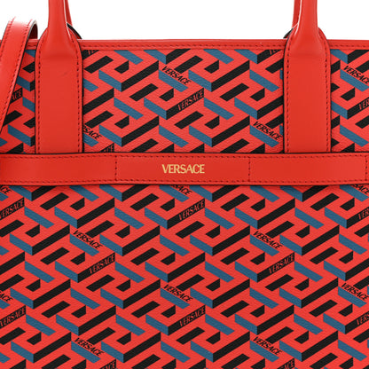Versace Coated Canvas Calfskin La Greca Signature Tote Bag Blue Red 7 of 13