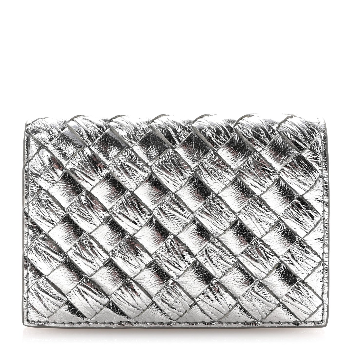 Metallic Calfskin Intreccio Plisse Card Case Silver