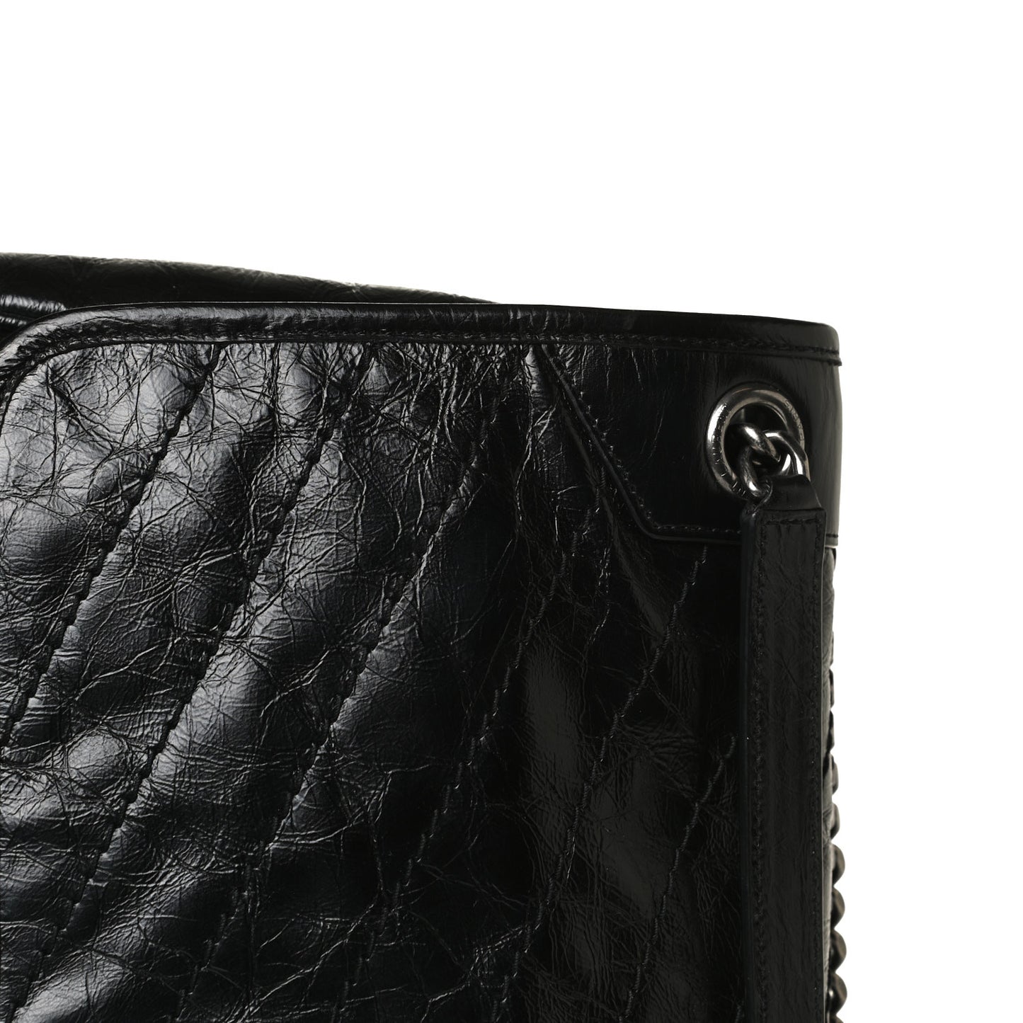 Crinkled Calfskin Matelasse Monogram Large Niki Chain Satchel Black