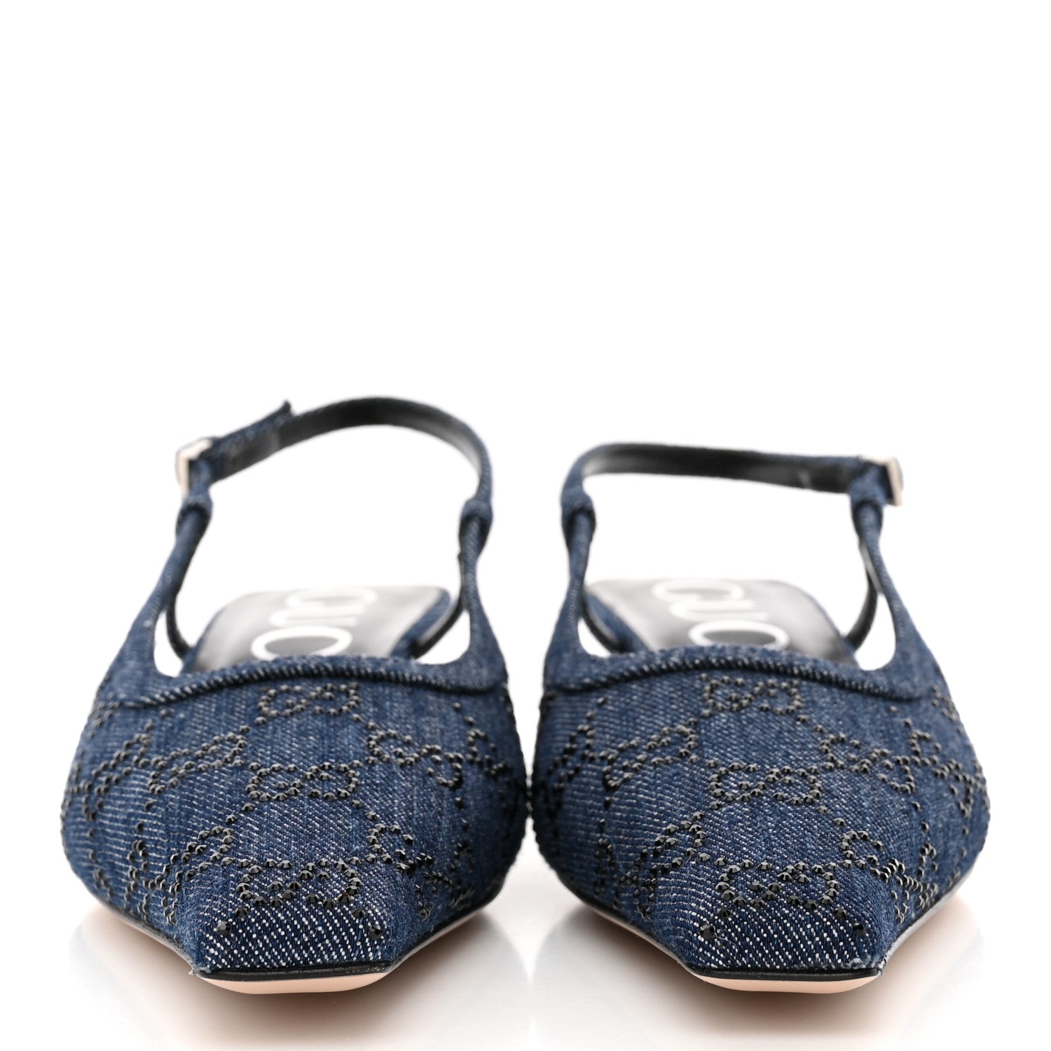 Gucci Denim GG Monogram Malaga Kid Crystal Square G 35mm Slingback Pumps 37 Blue 3 of 12