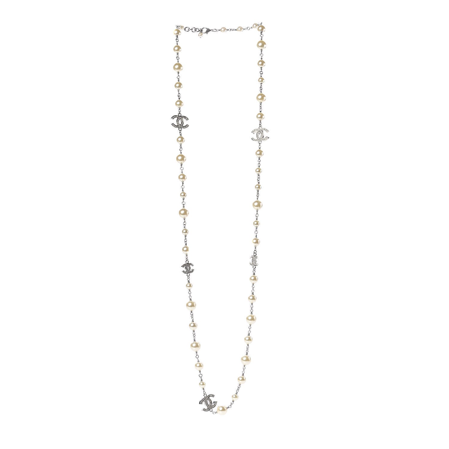 Chanel Crystal Pearl CC Long Necklace Silver 3 of 6