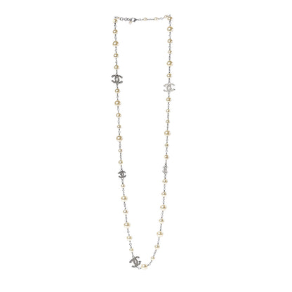 Chanel Crystal Pearl CC Long Necklace Silver 3 of 6