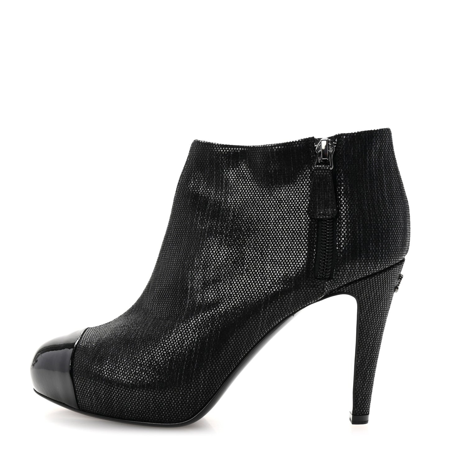 Metallic Tweed Patent Cap Toe CC Ankle Booties 38 Black