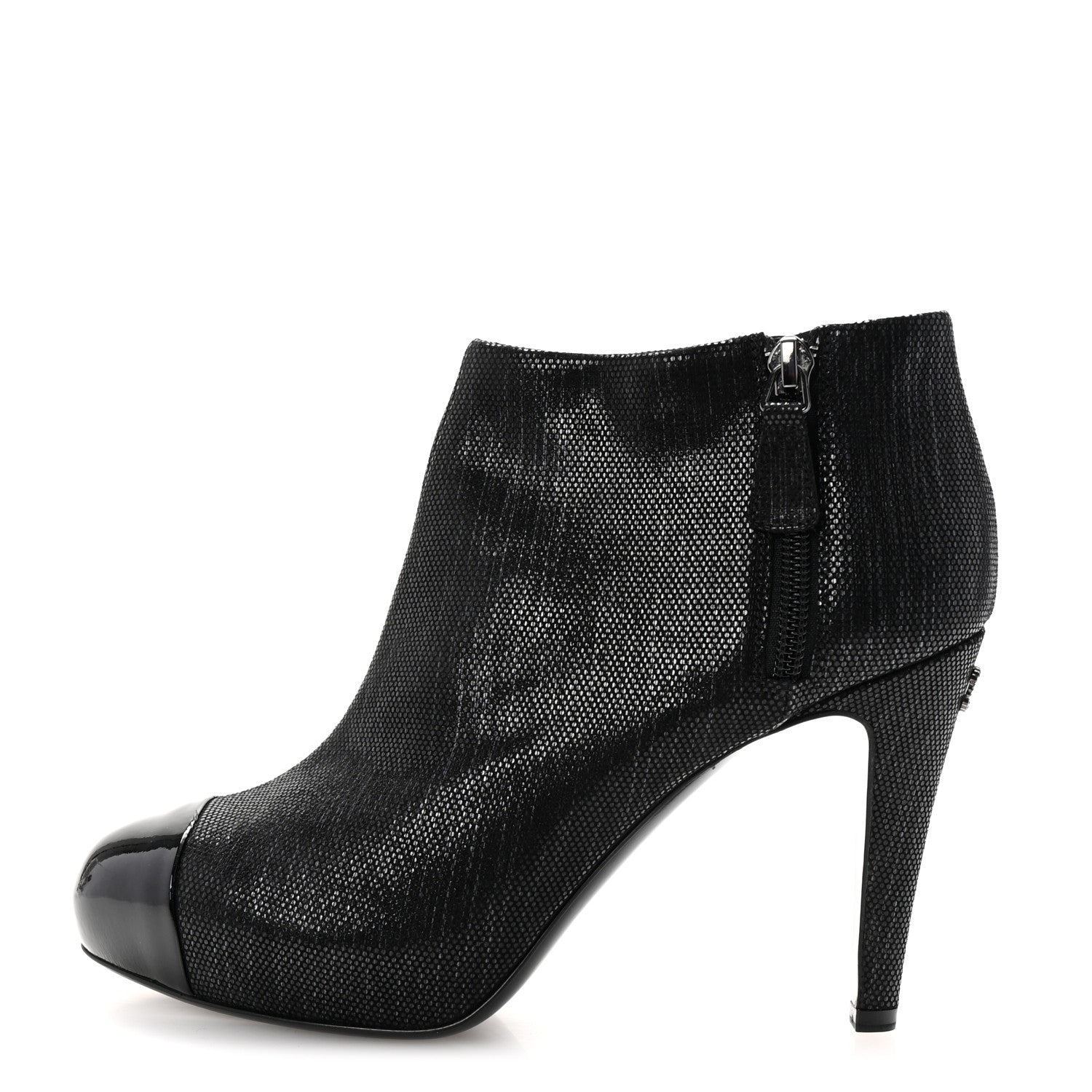 Chanel Metallic Tweed Patent Cap Toe CC Ankle Booties 38 Black 1 of 9