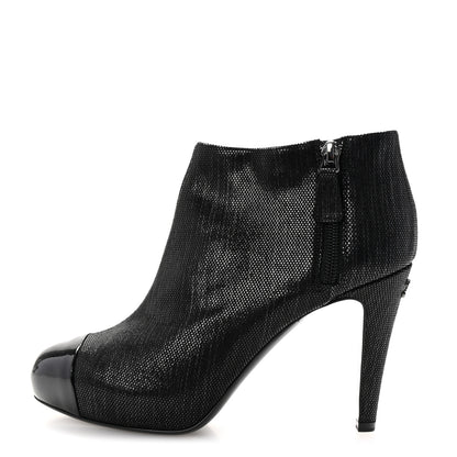 Chanel Metallic Tweed Patent Cap Toe CC Ankle Booties 38 Black 1 of 9