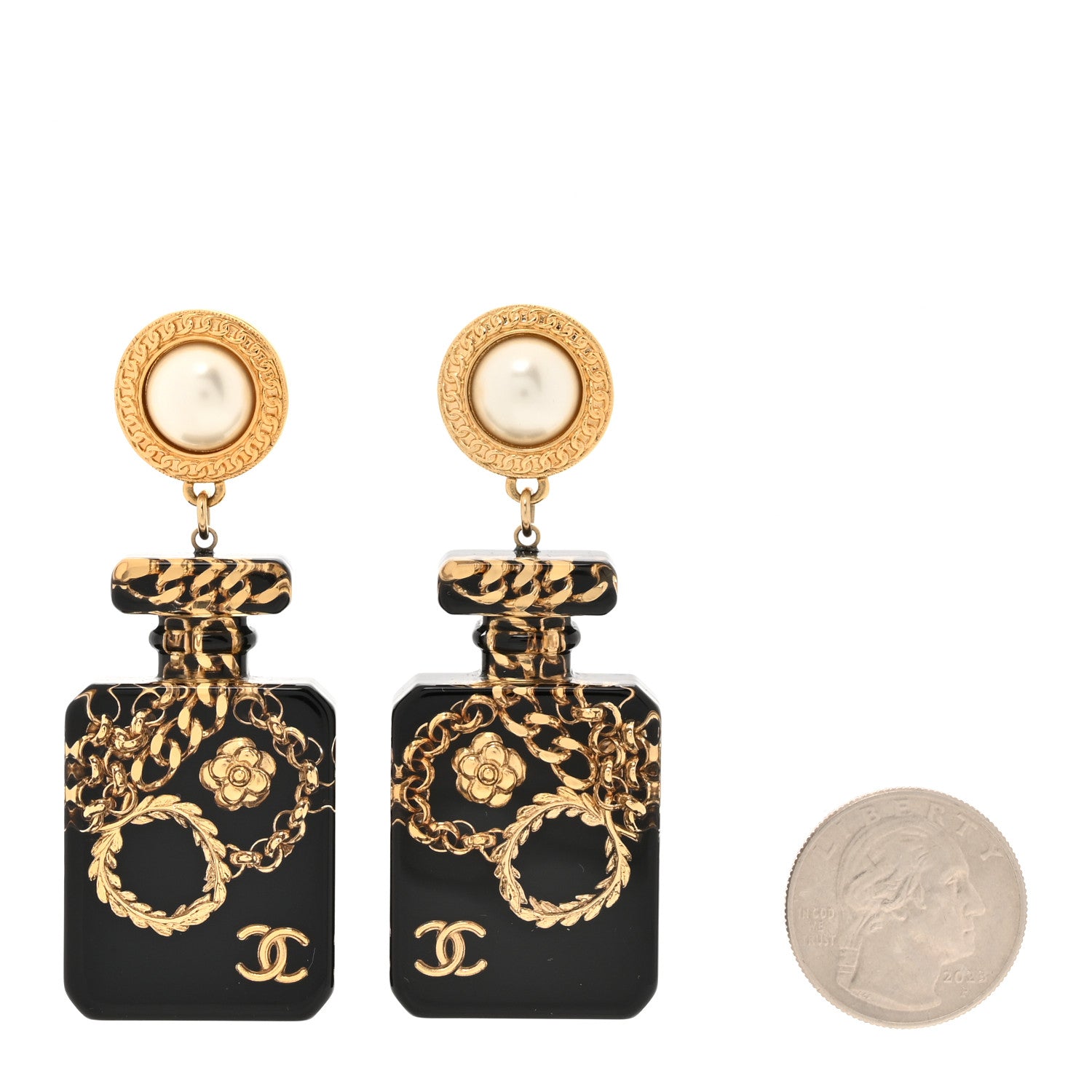 Chanel Pearl CC Perfume Bottle Drop Earrings Black Gold 2 of 5