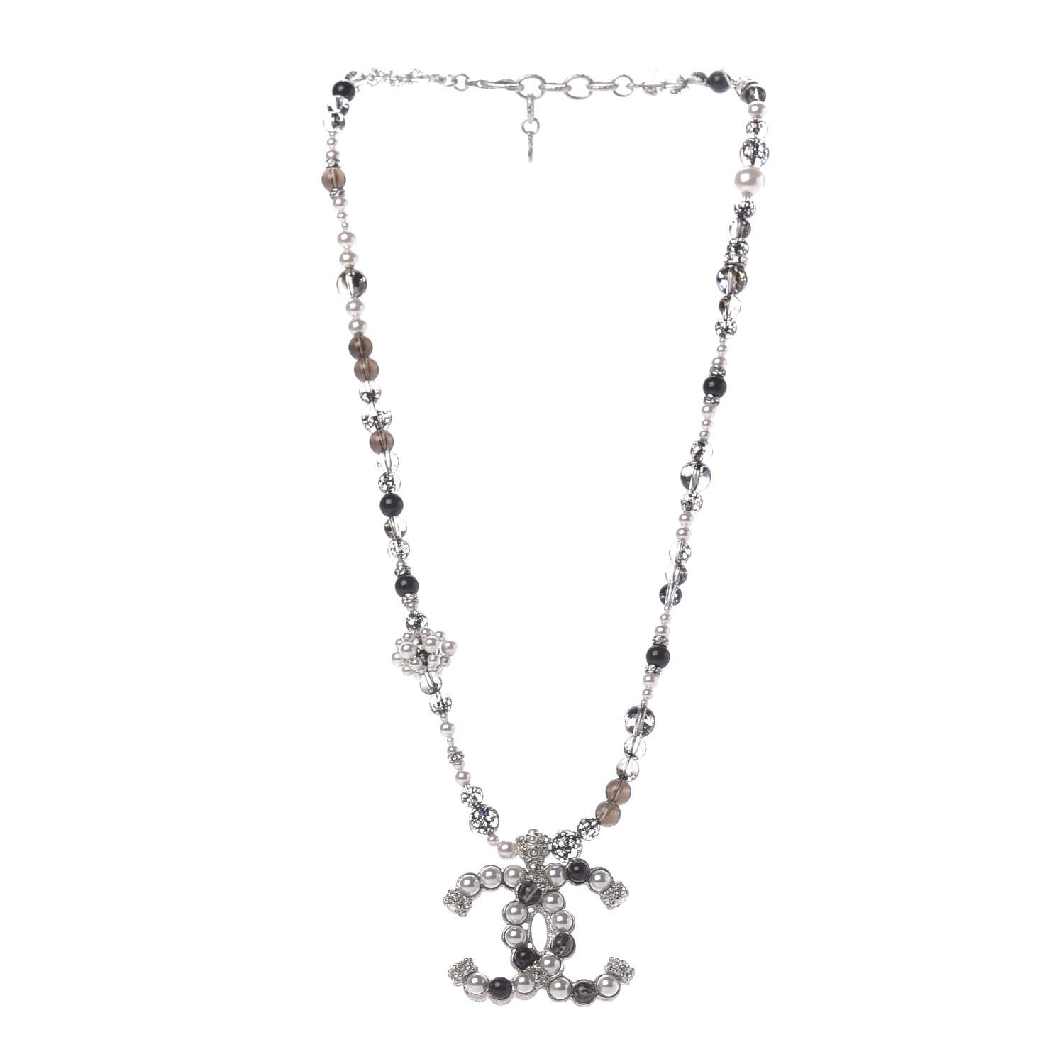 Chanel Pearl Crystal Bead CC Long Necklace Silver Black 2 of 6