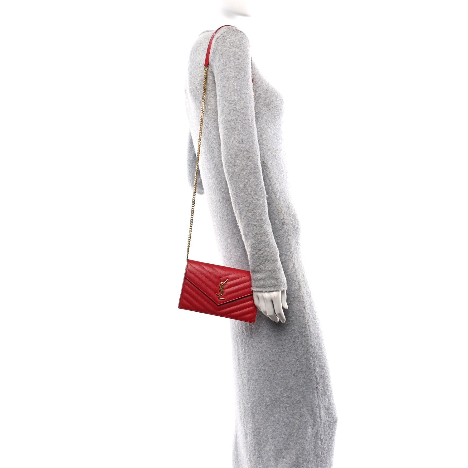 Saint Laurent Grain De Poudre Matelasse Chevron Monogram Envelope Chain Wallet New Red 2 of 11