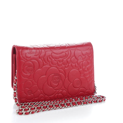 Chanel Lambskin Camellia Embossed Wallet On Chain WOC Red 3 of 8