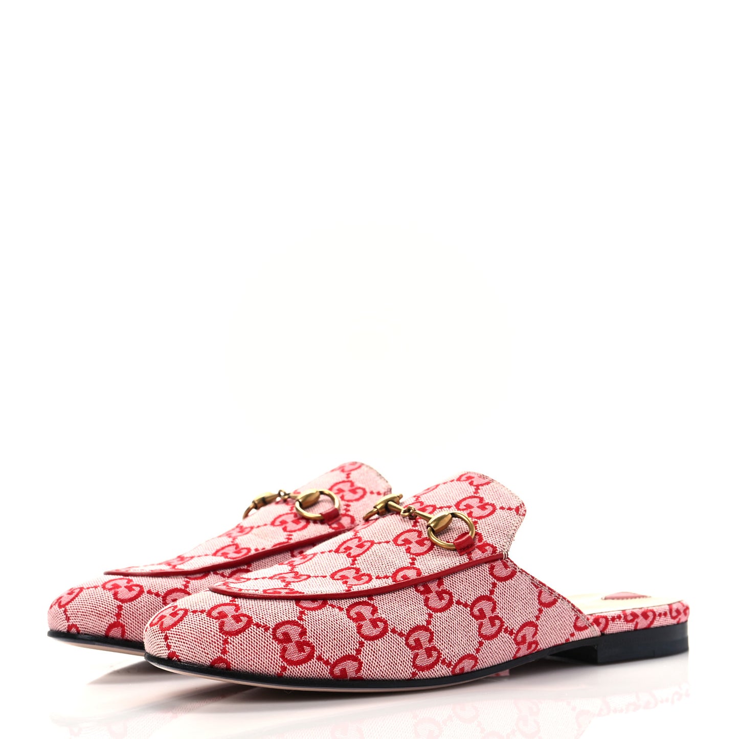 Canvas GG Monogram Horsebit Womens Princetown Slippers 37.5 Gardenia Hibiscus Red