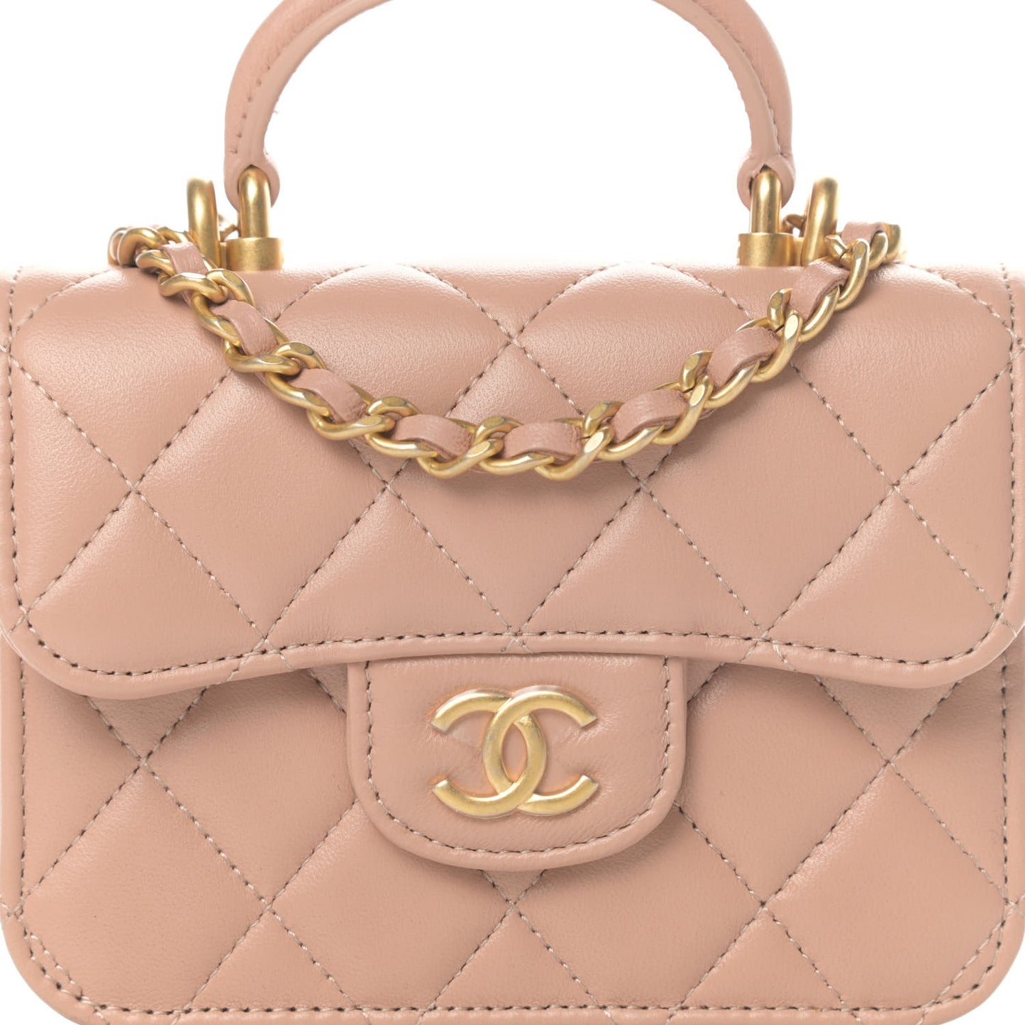 Lambskin Quilted Top Handle Flap Coin Purse With Chain Beige