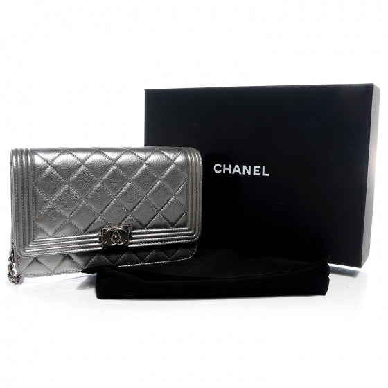 Metallic Calfskin Quilted Boy Wallet On Chain WOC Silver