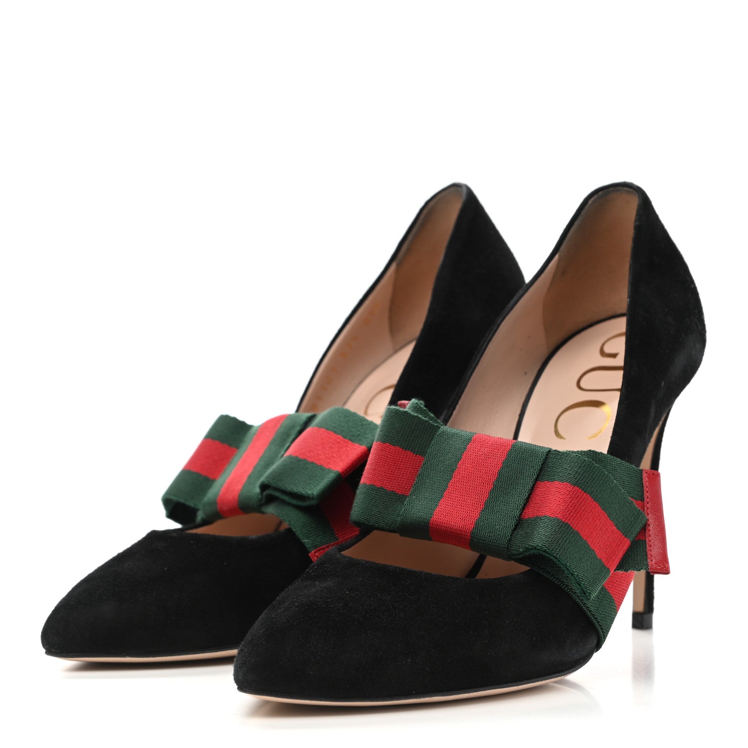 Gucci Kid Scamosciato Removable Web Bow High Heel Pumps 37.5 Black 3 of 14