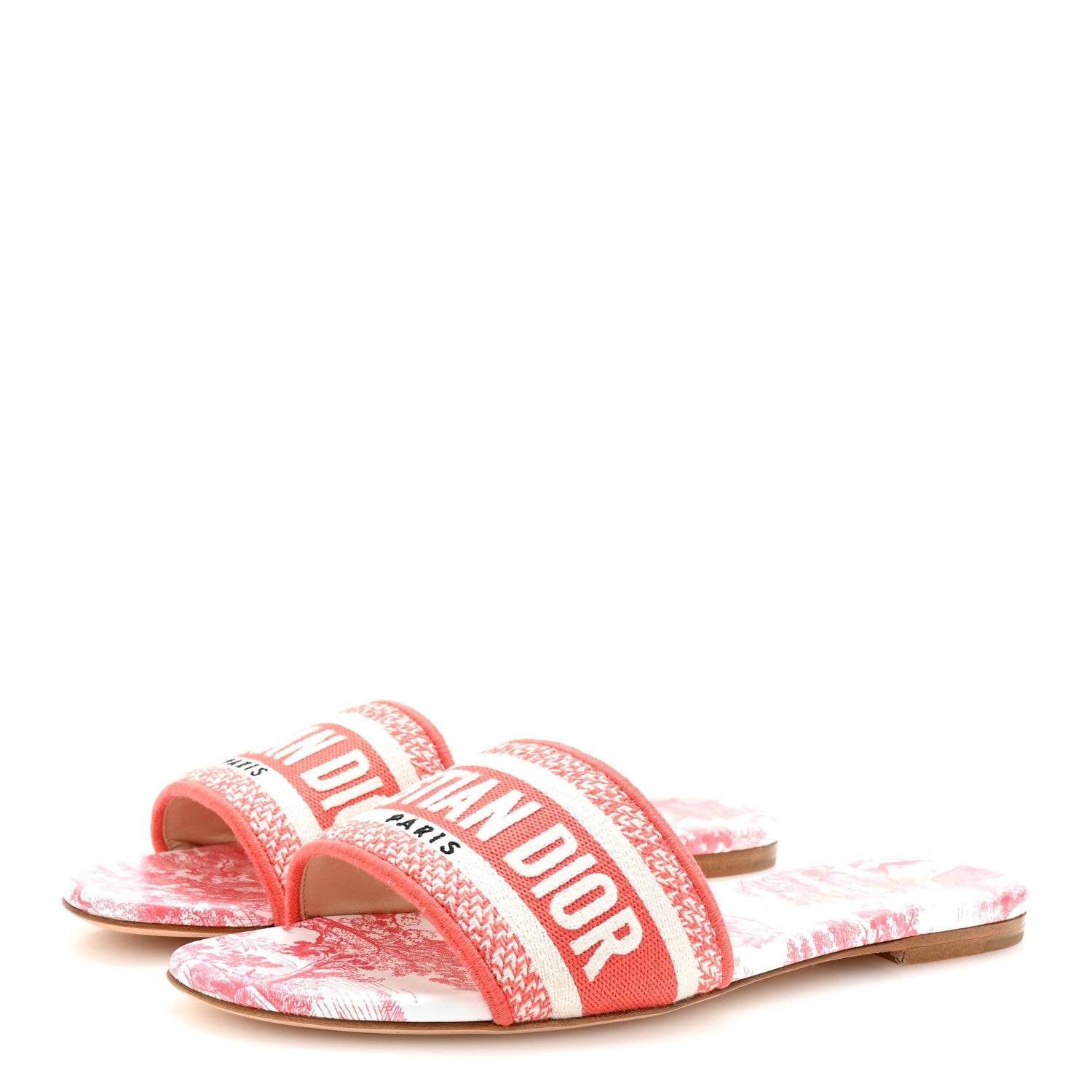 Christian Dior Canvas Toile De Jouy Embroidered Dway Flat Slide Sandals 38.5 Coral 4 of 10