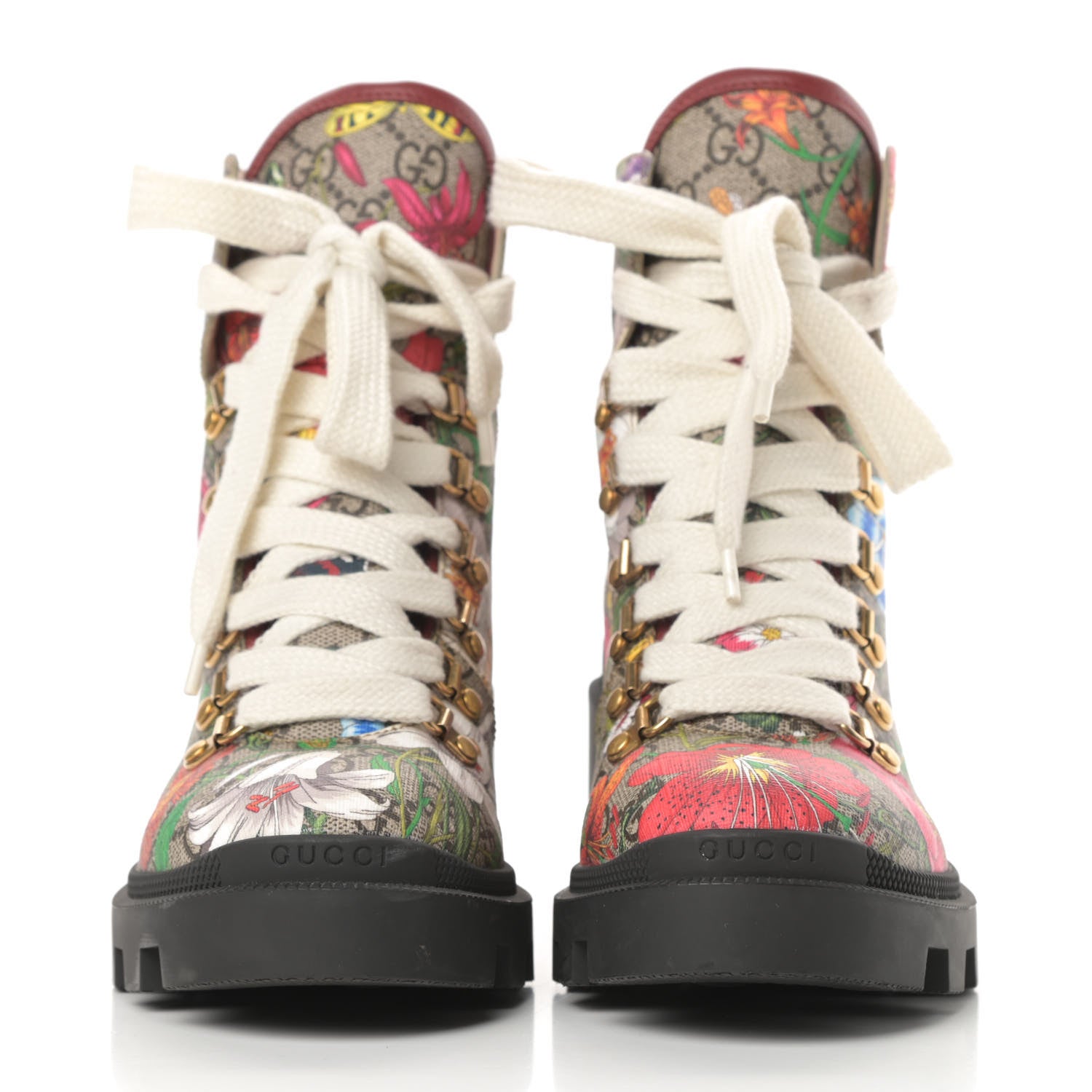 Gucci GG Supreme Monogram Flora Lace Up Combat Ankle Boots 38.5 Beige Multicolor Red 2 of 13