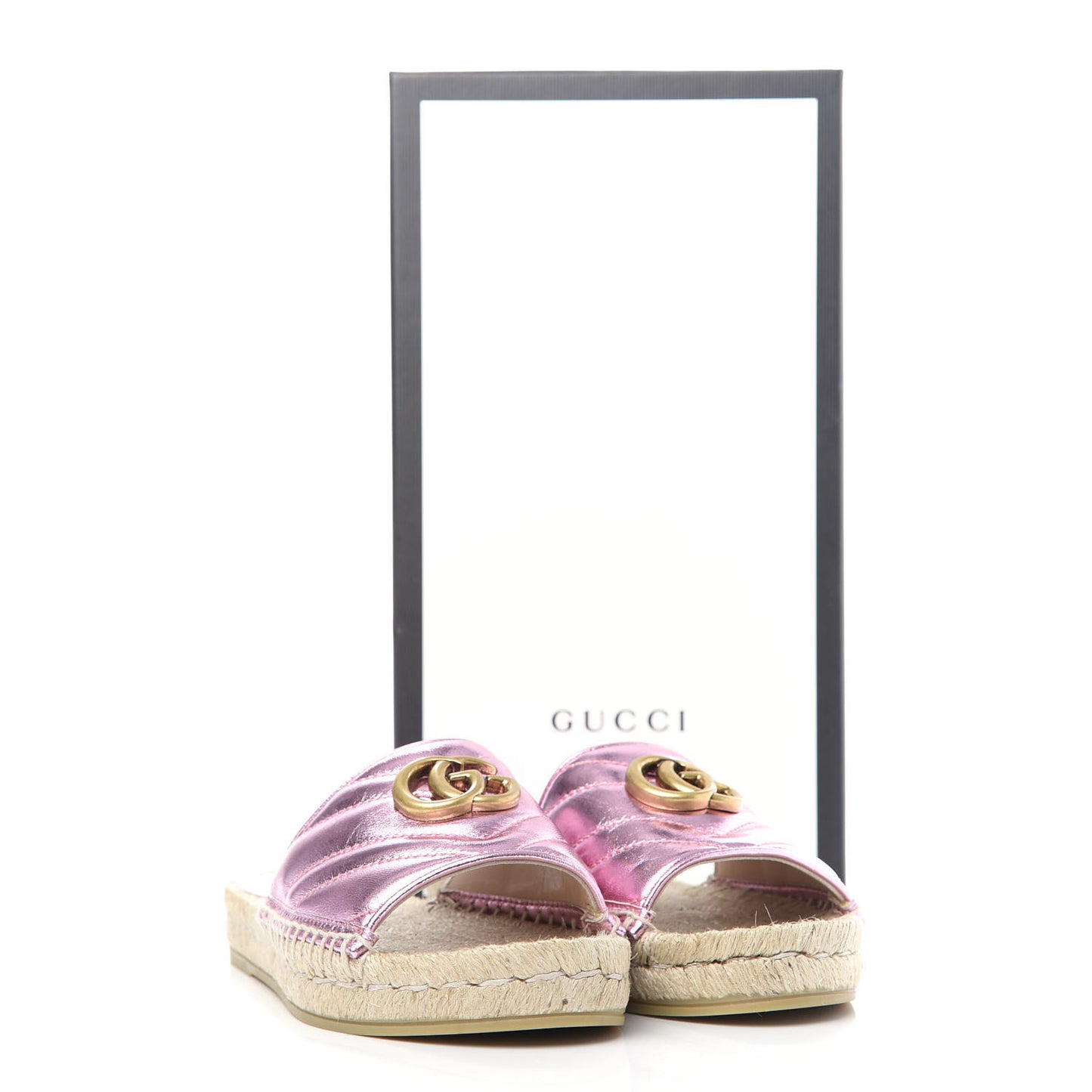 Metallic Nappa Matelasse GG Marmont Espadrille Slide Sandals 35.5 Rosa