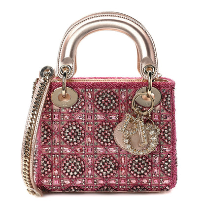 Christian Dior Metallic Calfskin Satin Celestial Bead Embroidery Cannage Mini Lady Dior Rose Des Vents 1 of 13