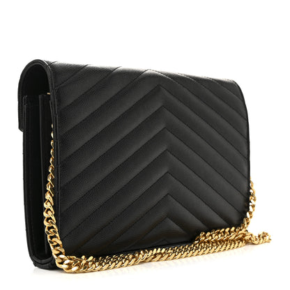 Saint Laurent Grain De Poudre Matelasse Chevron Monogram Chain Wallet Black 3 of 13