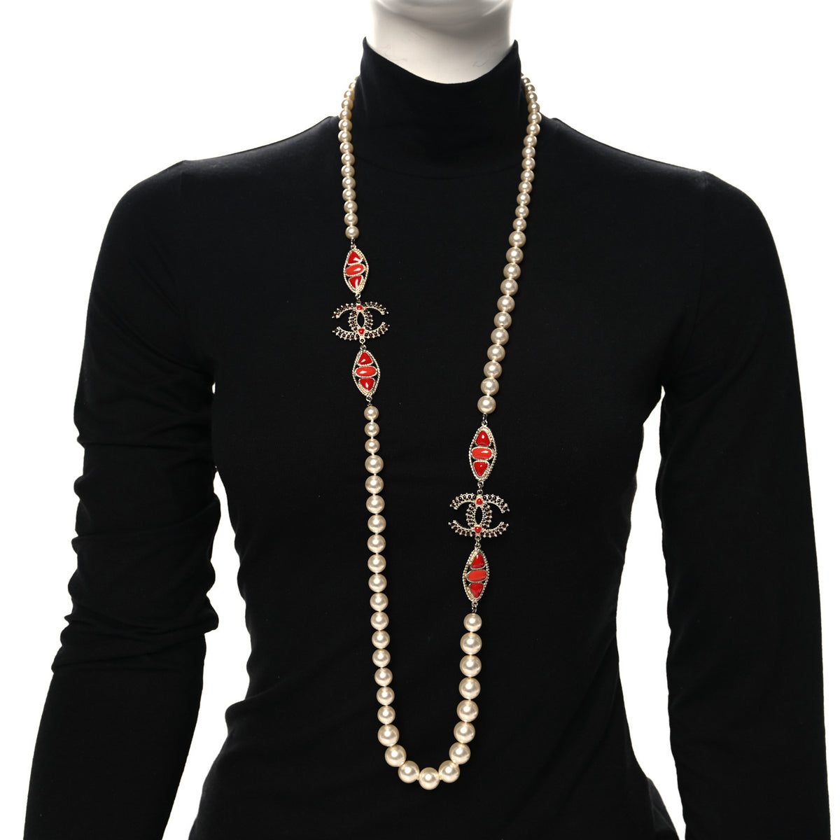 Chanel Pearl Gripoix CC Long Strand Necklace Gold Red 2 of 5