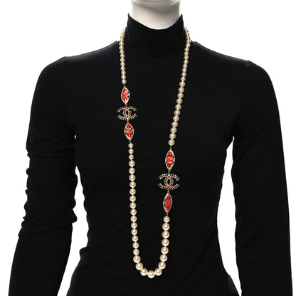 Chanel Pearl Gripoix CC Long Strand Necklace Gold Red 2 of 5