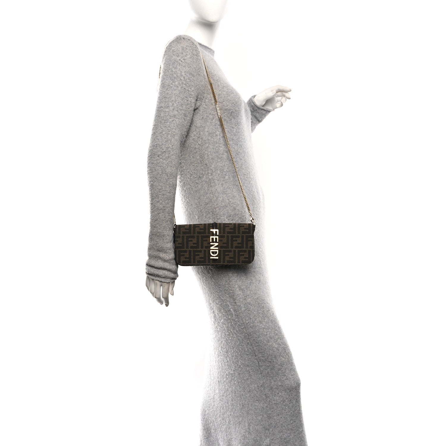 Fendi Fabric Jacquard Vitello Grace FF 1974 Fendigraphy Wallet On Chain Tobacco Moro Ebano 1 of 10