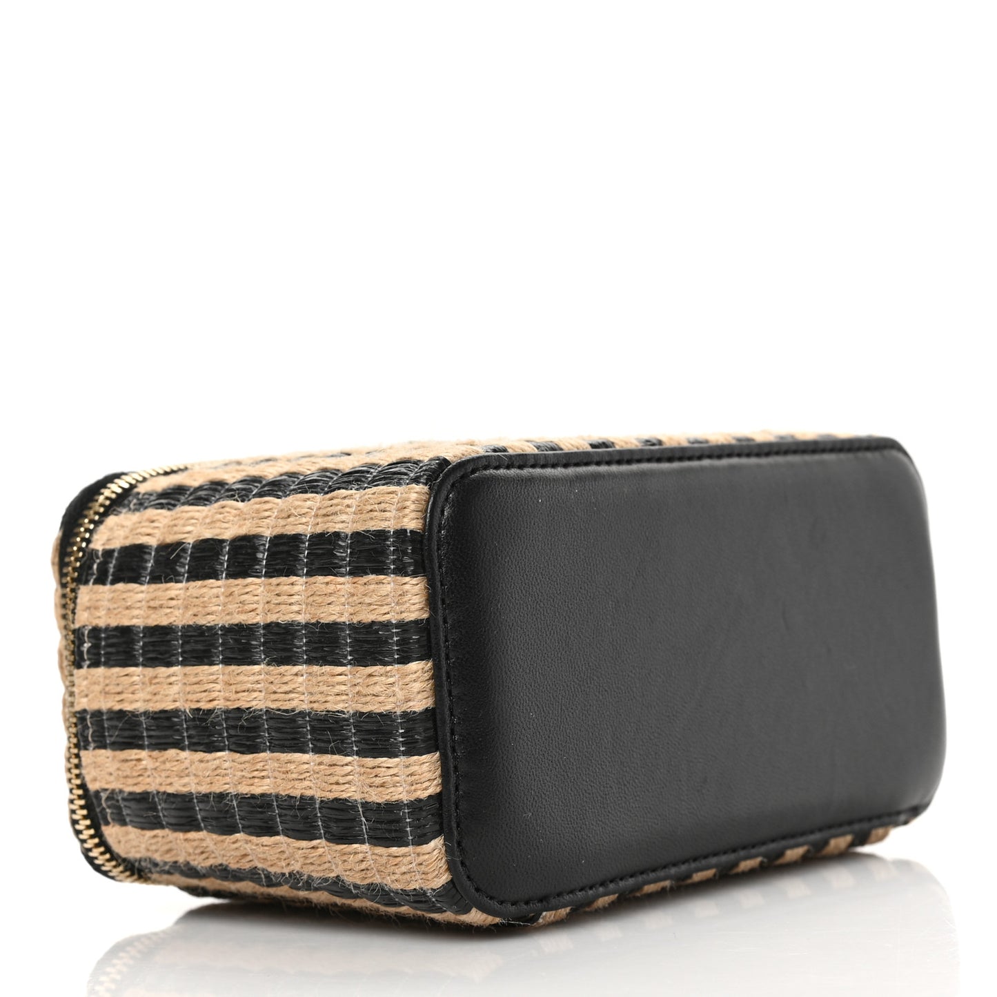 Raffia Jute Striped Small Vanity Case With Chain Black Beige