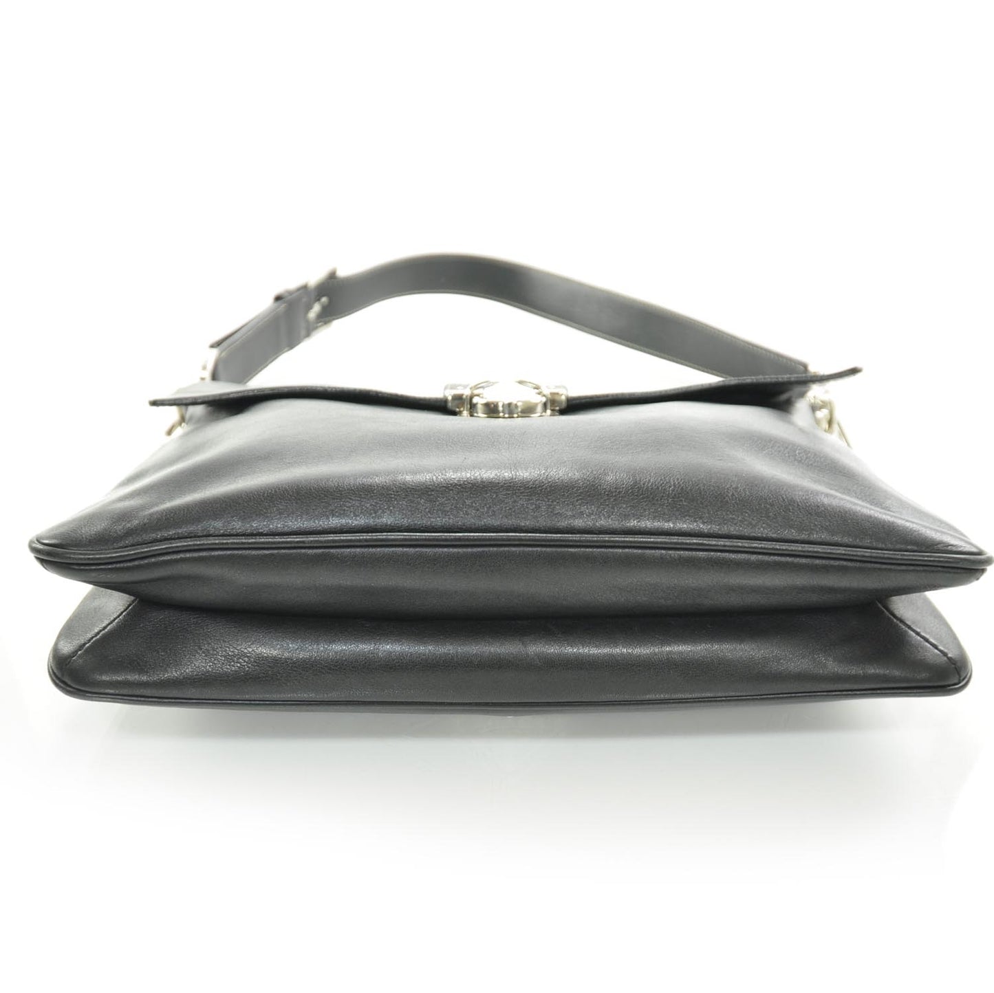 Leather Pushlock Flap Shoulder Bag Black