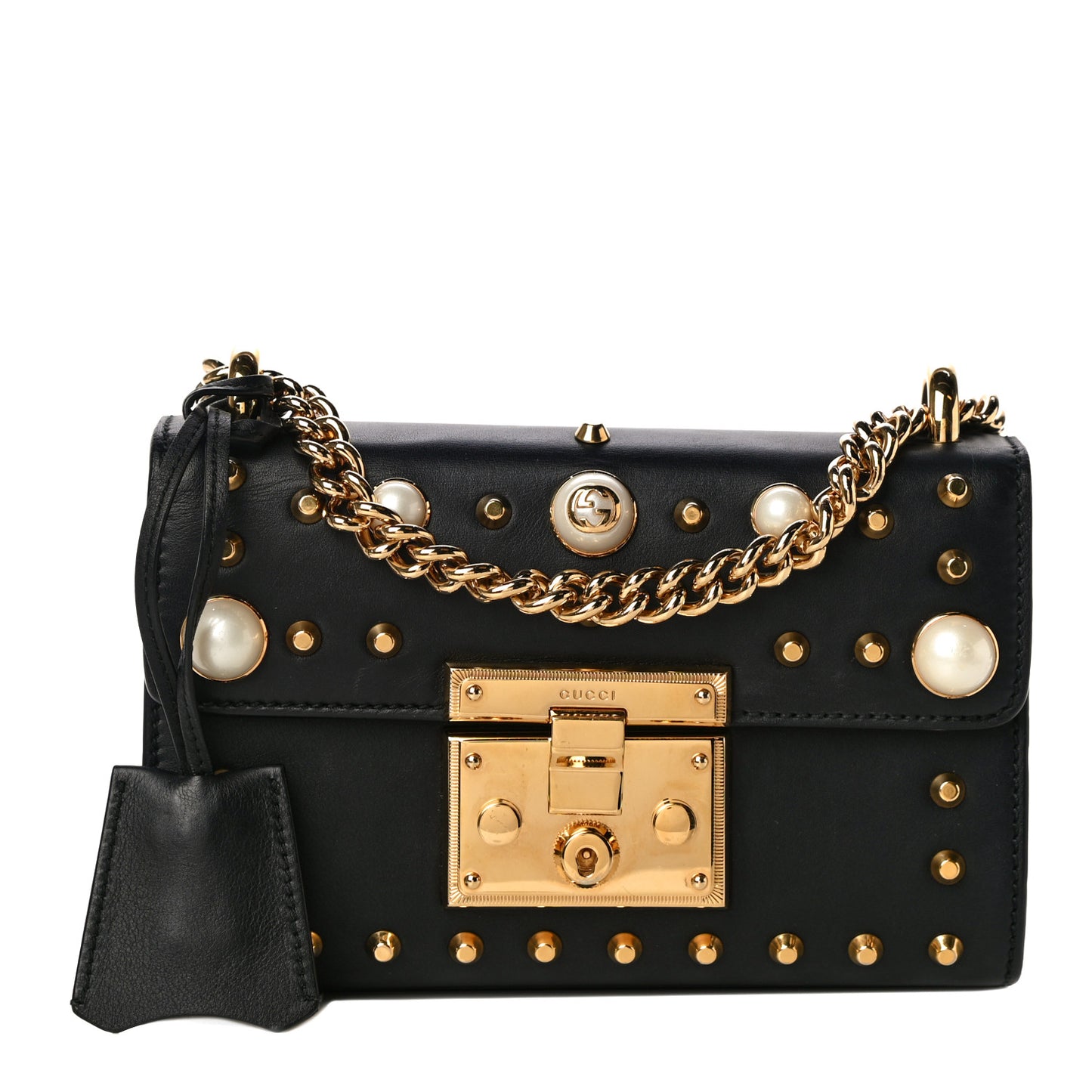 Calfskin Studded Small Padlock Shoulder Bag Black