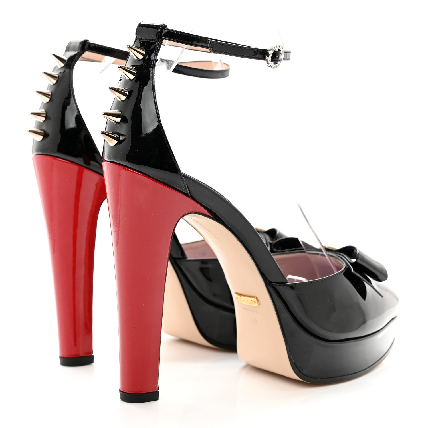Gucci Patent Crystal GG Bow Sadie Spike Ankle Strap d'Orsay Platform High Heel Pumps 40 Black 4 of 9