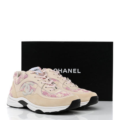Chanel Tweed Suede Calfskin Womens CC Sneakers 39.5 Pink Ecru 9 of 9