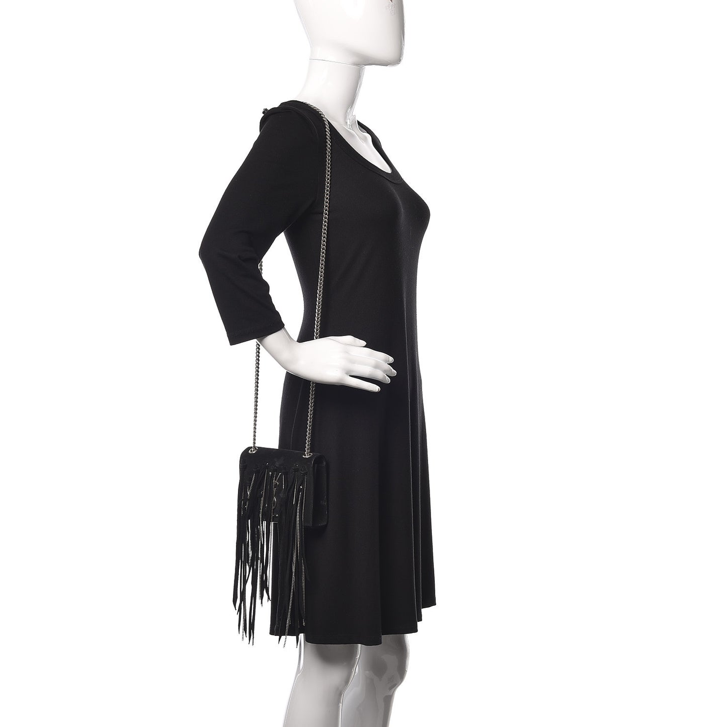 Suede Fringe Chain Small Monogram Satchel Black
