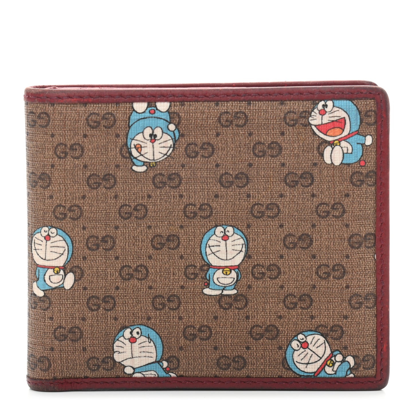 X DORAEMON Mini Vintage GG Supreme Monogram Bi-Fold Wallet Beige Cherry Red