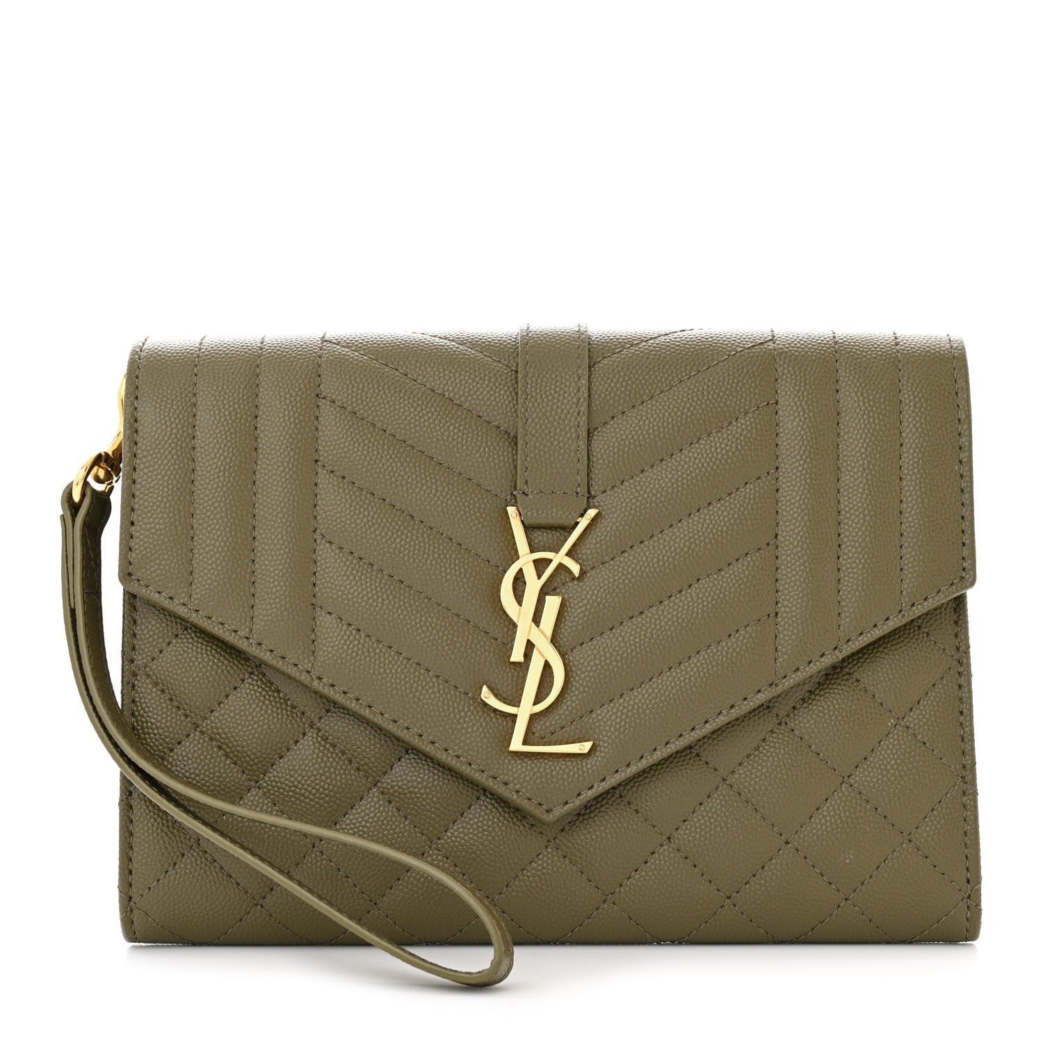 Saint Laurent Grain De Poudre Textured Mixed Matelasse Triquilt Monogram Clutch Vert Kaki 1 of 13