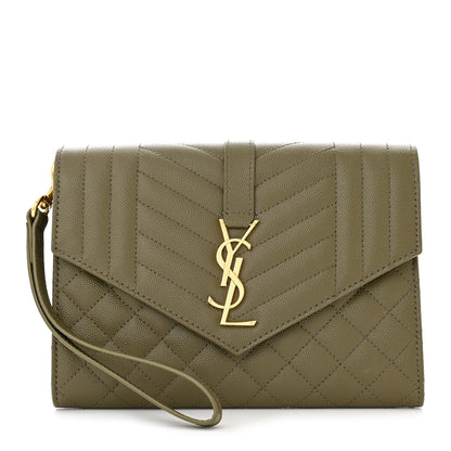 Saint Laurent Grain De Poudre Textured Mixed Matelasse Triquilt Monogram Clutch Vert Kaki 1 of 13
