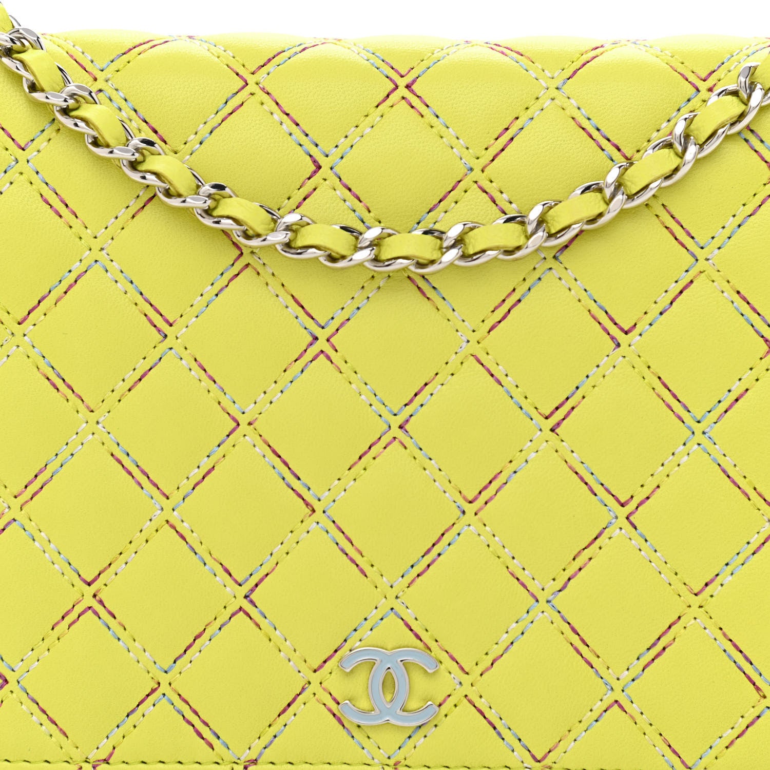 Chanel Lambskin Stitched Pop Stitches Wallet On Chain WOC Yellow 3 of 11