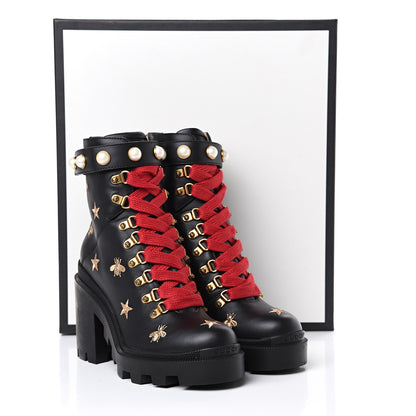Gucci Calfskin Bee Star Embroidered Lace Up Combat Ankle Boots 37 Black 8 of 8