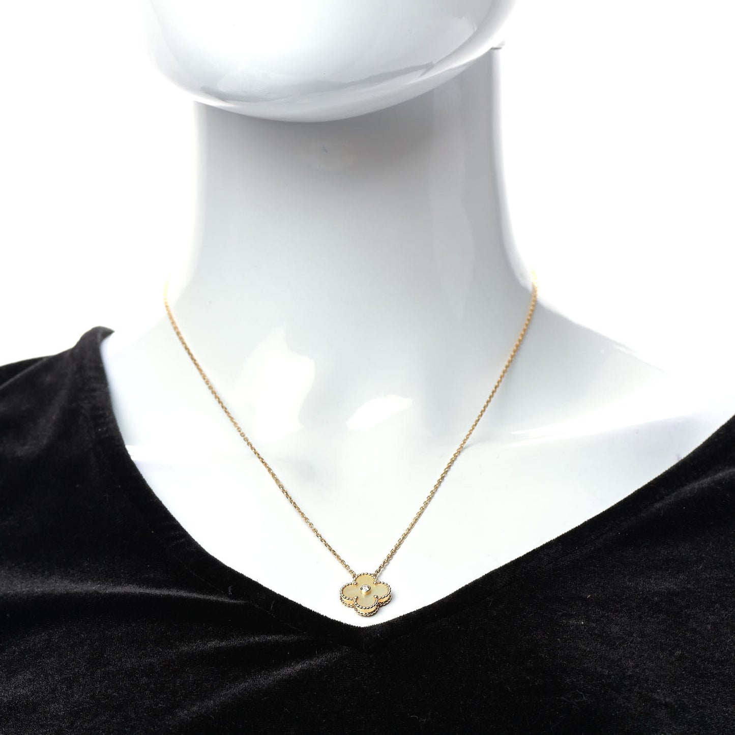 18K Yellow Gold Diamond Yellow Mother of Pearl Vintage Alhambra Pendant Necklace