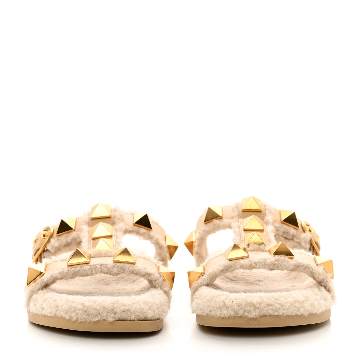 Valentino Garavani Shearling Roman Stud Slide Sandals 38.5 Sahara Beige 2 of 7