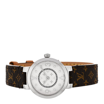 Louis Vuitton Stainless Steel Monogram Diamond 28mm Tambour Slim Quartz Watch 2 of 6