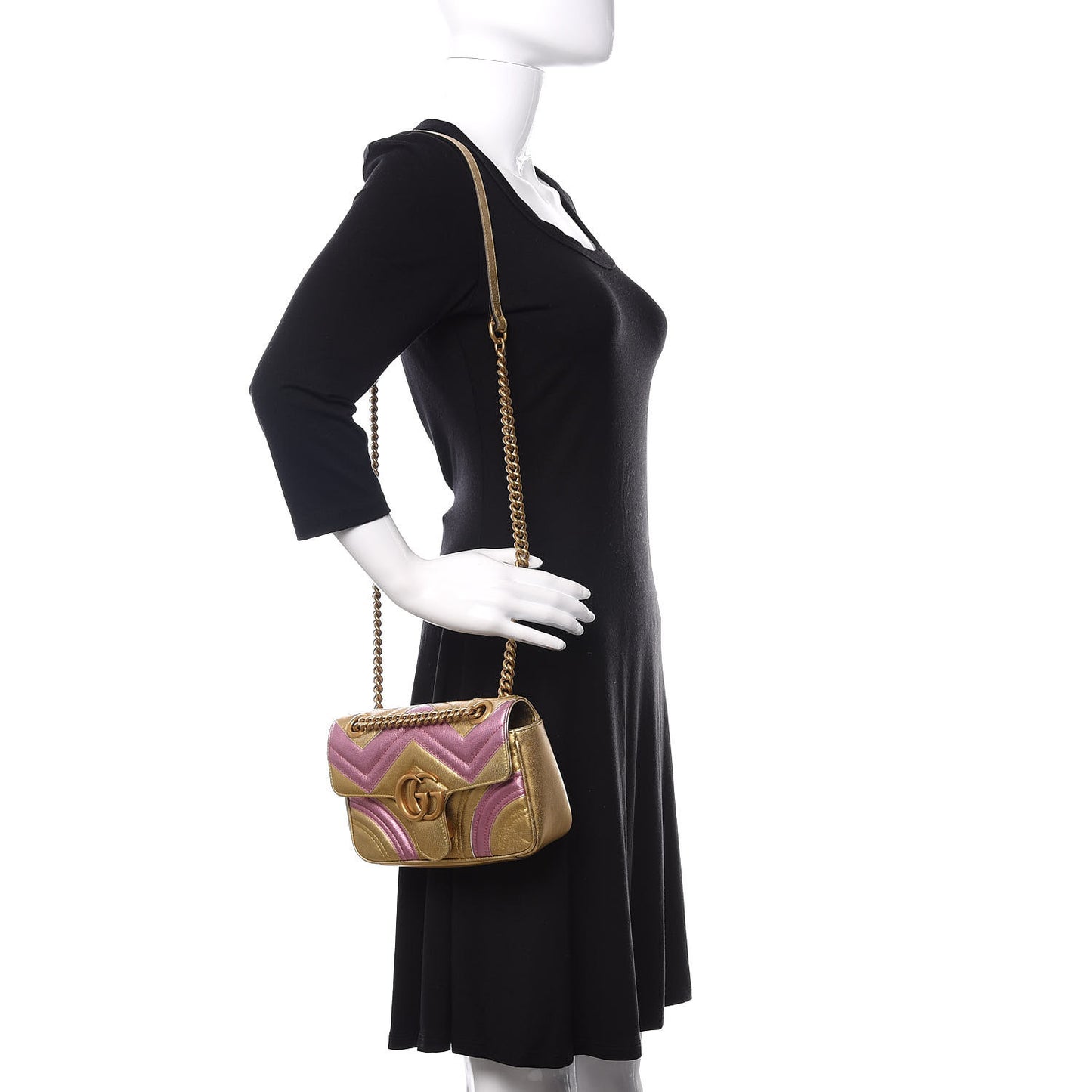 Metallic Calfskin Matelasse Mini GG Marmont Shoulder Bag Gold Pink