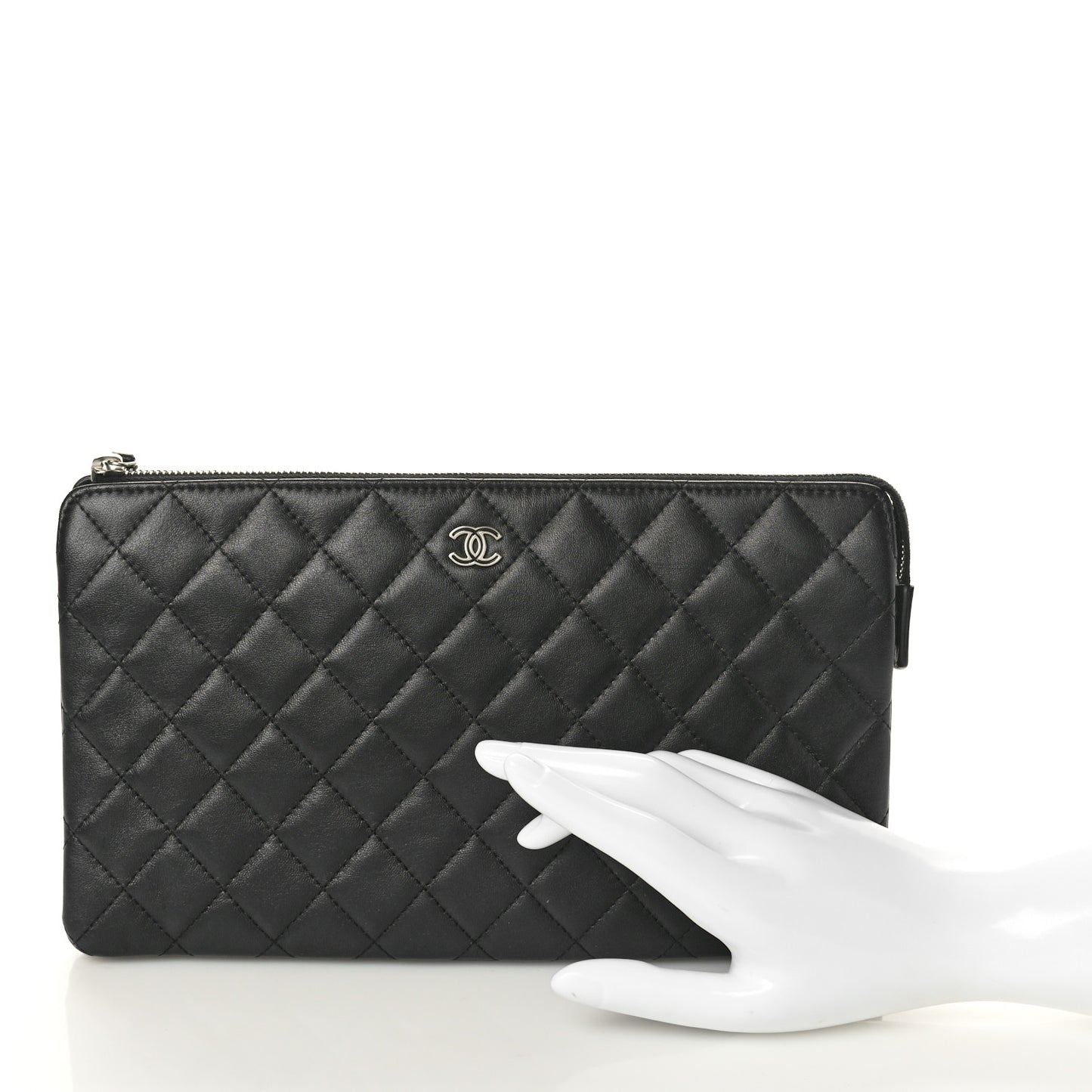 Lambskin Quilted Large Zipped Clutch Black