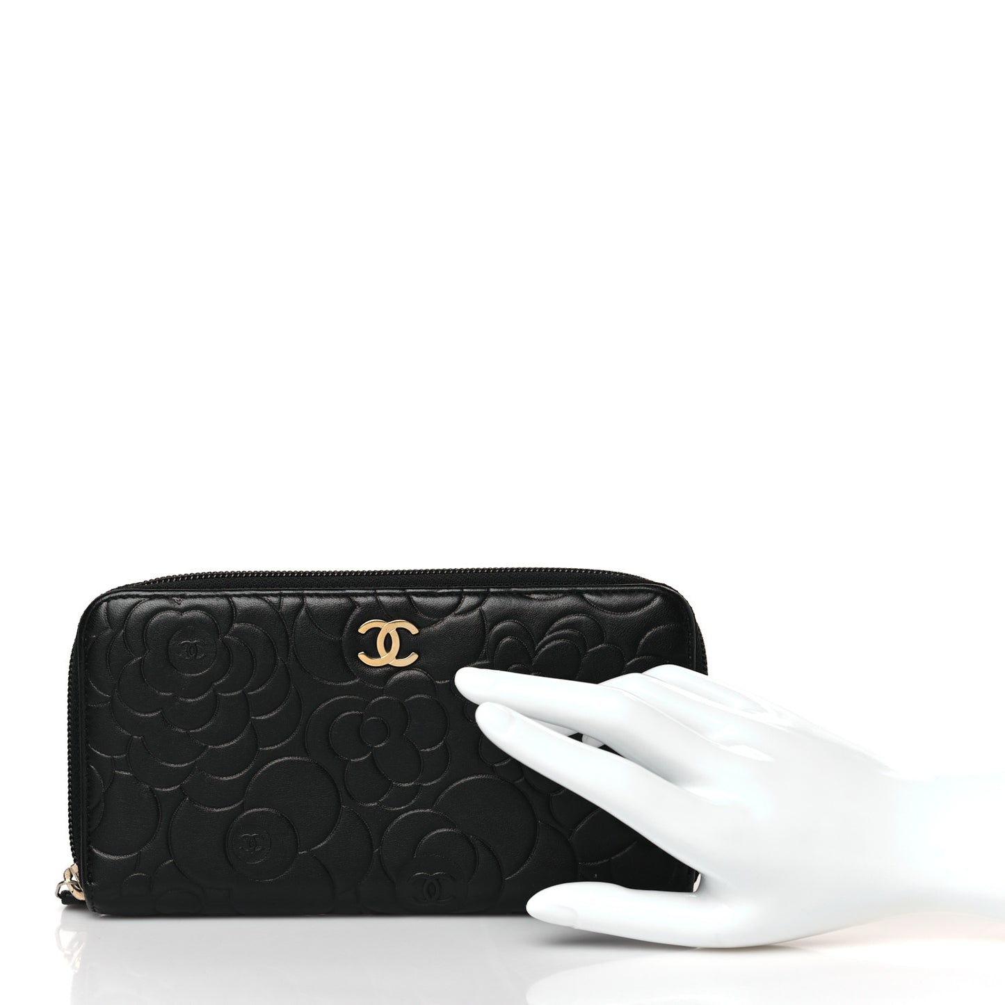 Lambskin Camellia Embossed Large Zip Around Gusset Wallet Black