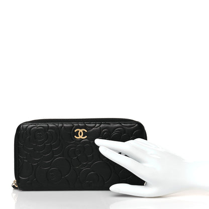 Chanel Lambskin Camellia Embossed Large Zip Around Gusset Wallet Black 2 of 8