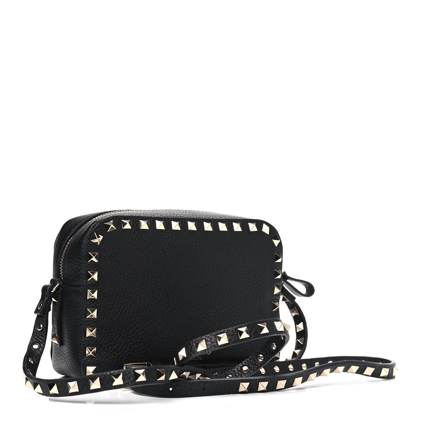 Pebbled Calfskin Rockstud Camera Crossbody Bag Black