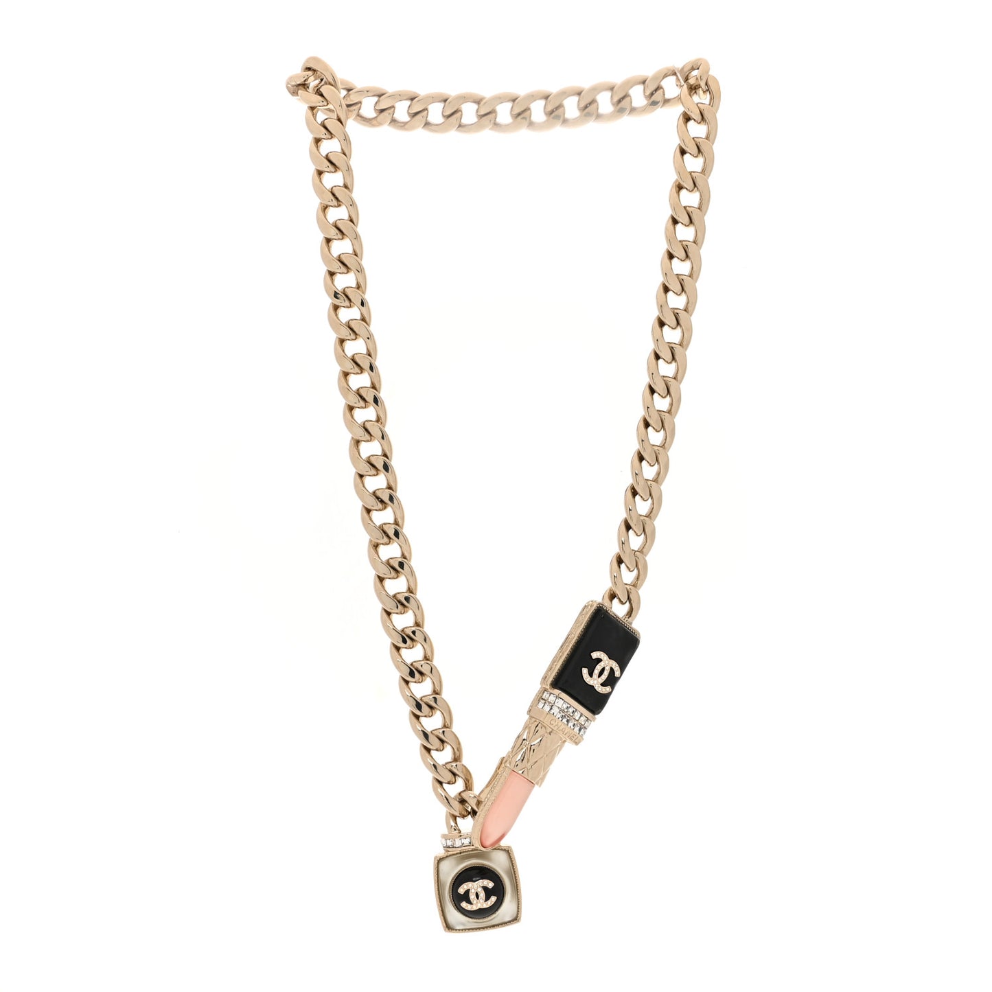 Metal Strass Pearl Lipstick Necklace Pink Gold