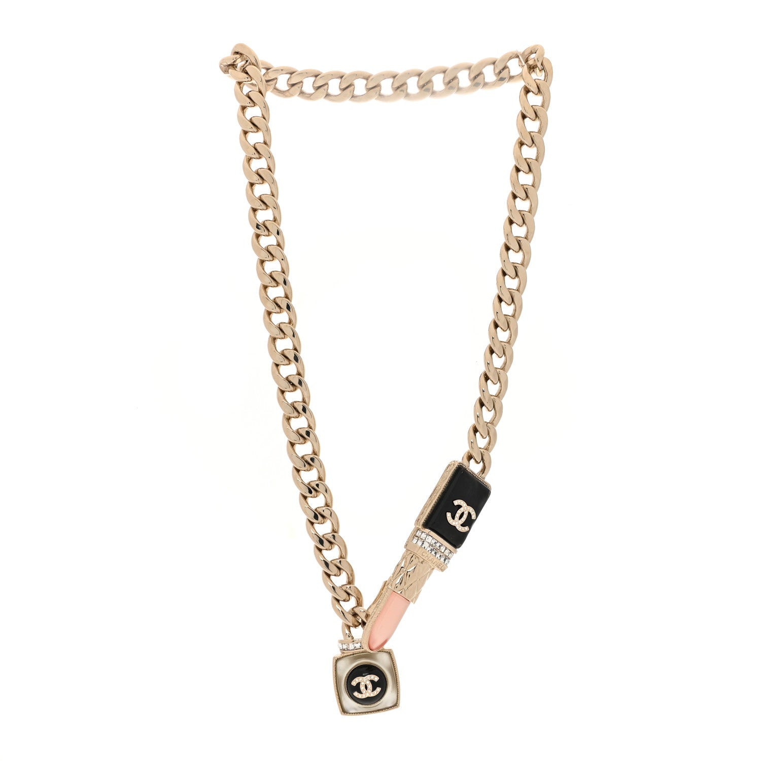 Chanel Metal Strass Pearl Lipstick Necklace Pink Gold 3 of 6