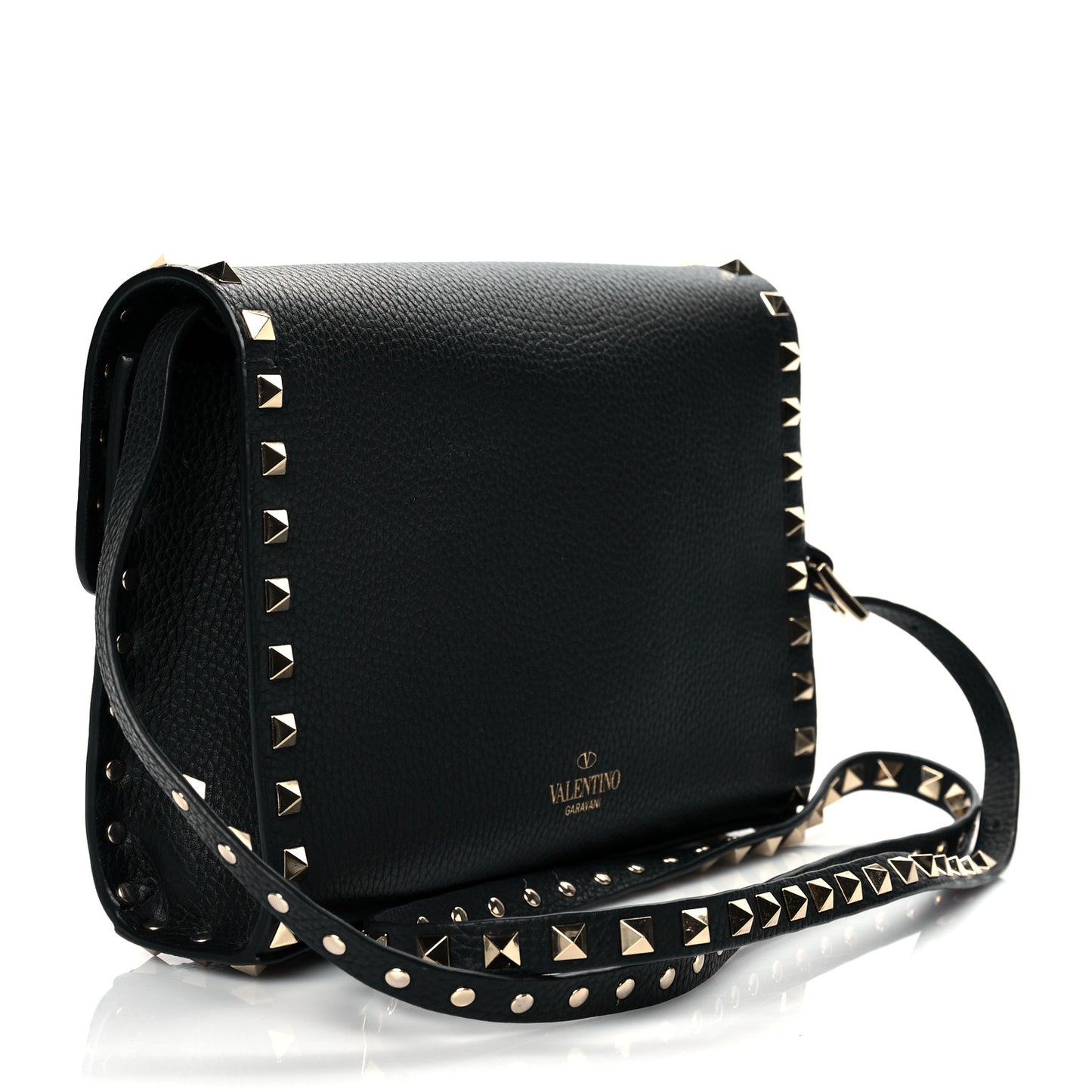 Pebbled Calfskin Medium Rockstud Flip Lock Crossbody Bag Black